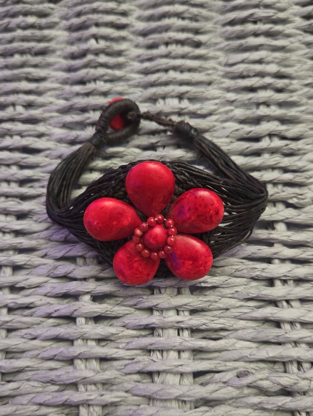 Handcrafted Red Flower Cord Bracelet Made In Thailand